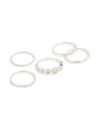 Showcasing silver plated cubic zirconia bezel rings 5-pack front view - link has visual effect only