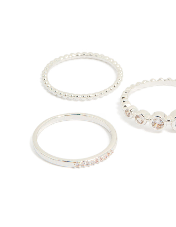 Featuring silver plated cubic zirconia bezel rings 5-pack close up view