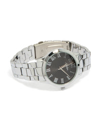 Featuring a men's silver classic round watch with roman numeral black dial, link band, and formal analog design front view - link has visual effect only