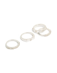 Showcasing silver plated diamante inlay and band rings 4-pack in stackable style front view - link has visual effect only
