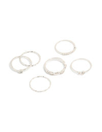 Showcasing silver plated diamante and twisted rings 6-pack with solitaire stone cut and statement style front view - link has visual effect only