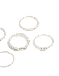 Crafted from silver plated material diamante and twisted rings 6-pack with solitaire stone cut statement style close up view - link has visual effect only