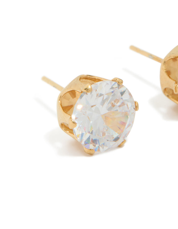 Explore waterproof statement stud earrings with gold plated stainless steel and 3 carat round cut cubic zirconia close up view