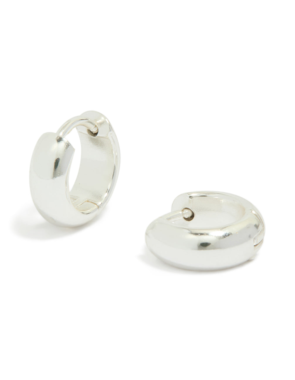 Showcasing chunky huggie earrings crafted from waterproof silver plated stainless steel front view