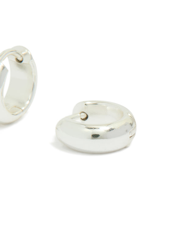 These chunky waterproof huggie earrings are crafted from silver plated stainless steel post detail view