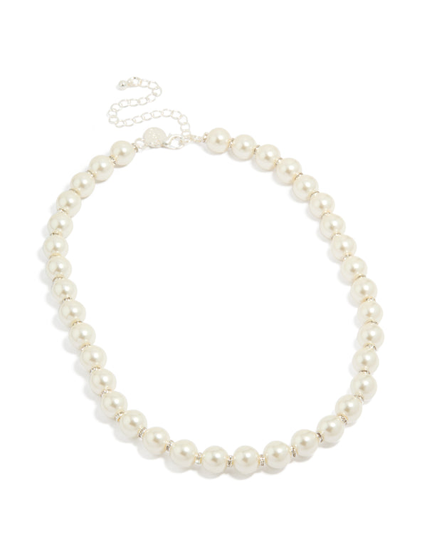 Beautiful pearl and diamante rondell necklace in silver plated material front view