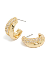 Explore these gold plated cubic zirconia pavé and plain layered hoop earrings with crystal details front view - link has visual effect only