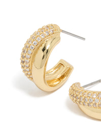 Featuring gold plated cubic zirconia pavé and plain layered hoop earrings with crystal details close up view - link has visual effect only
