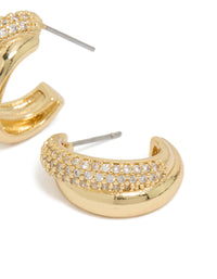 Discover gold plated cubic zirconia pavé and plain layered hoop earrings with crystal closure post detail view - link has visual effect only
