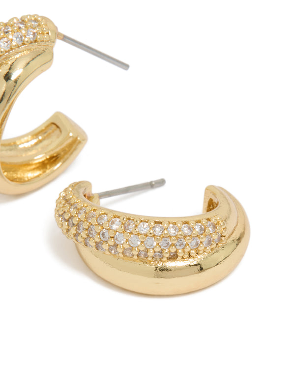Discover gold plated cubic zirconia pavé and plain layered hoop earrings with crystal closure post detail view