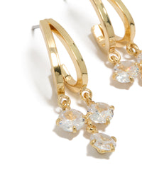Elegant gold plated cubic zirconia double drop hoop earrings with clear stones close up view - link has visual effect only