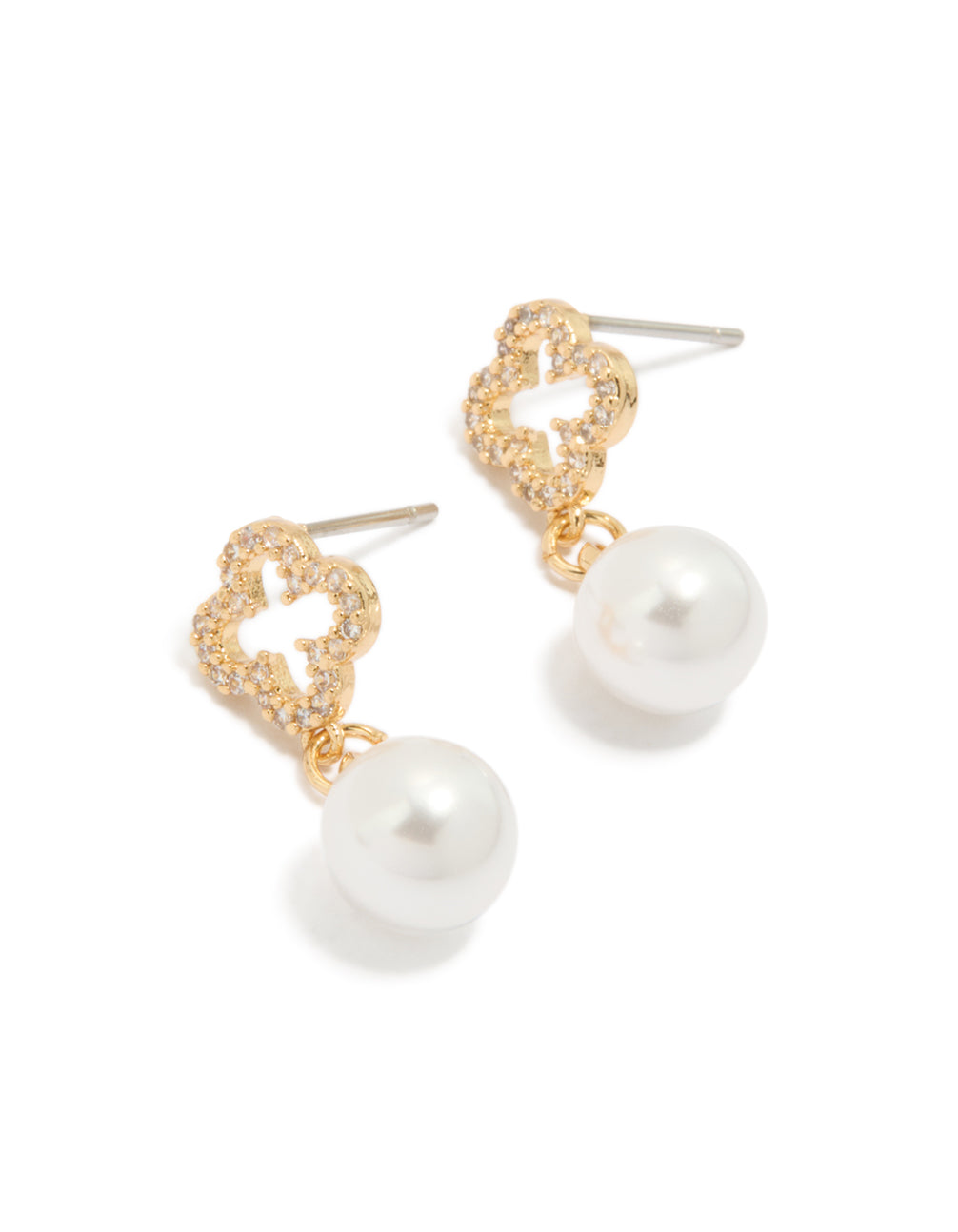 Elegantly designed gold plated cubic zirconia outlined flower pearl earrings front view