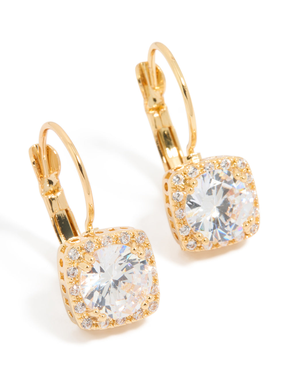 Featuring gold plated cubic zirconia large square hook drop earrings in clear front view