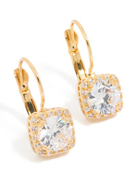 These stunning hook drop earrings feature large square cubic zirconia stones in a gold plated setting front view - link has visual effect only