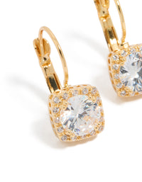 Showcasing large square cubic zirconia hook drop earrings with gold plated finish close up view - link has visual effect only