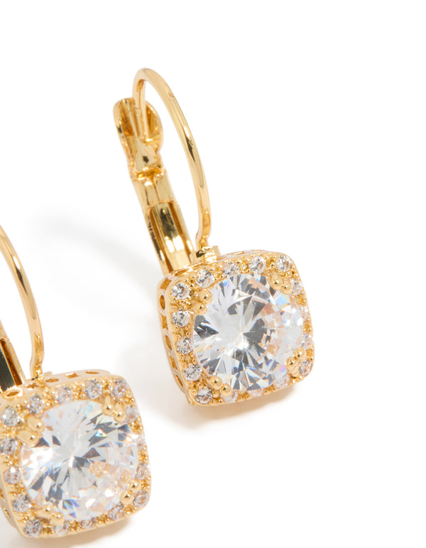 Elegant large square hook drop earrings crafted from gold plated metal featuring cubic zirconia stones post detail view