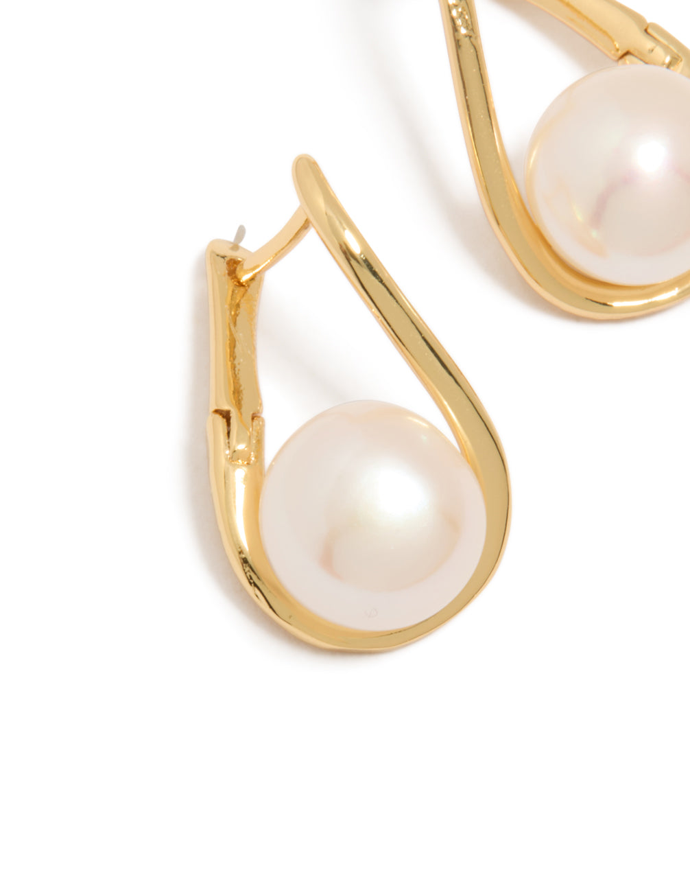 Presenting gold plated freshwater pearl twist hoop earrings close up view