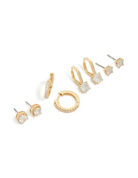 Featuring gold plated cubic zirconia mixed stud and huggie earrings in a 4-pack with crystal accents and huggie closures front view - link has visual effect only