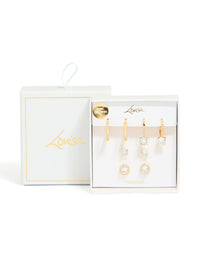 Featuring gold plated cubic zirconia mixed stud and huggie earrings in a 4-pack with crystal accents and huggie closures front view - link has visual effect only