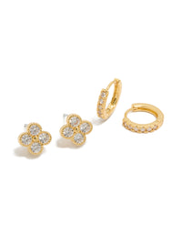Showcasing floral cubic zirconia studs and huggie in a 2-pack set front view - link has visual effect only