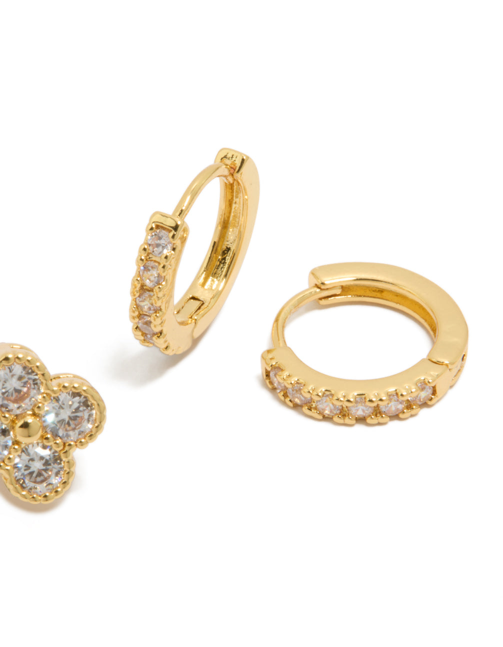 Highlighting floral gold plated cubic zirconia huggie earrings in a 2-pack post detail view