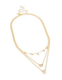 Elegant charm necklace crafted from gold plated cubic zirconia with triple layered design front view - link has visual effect only
