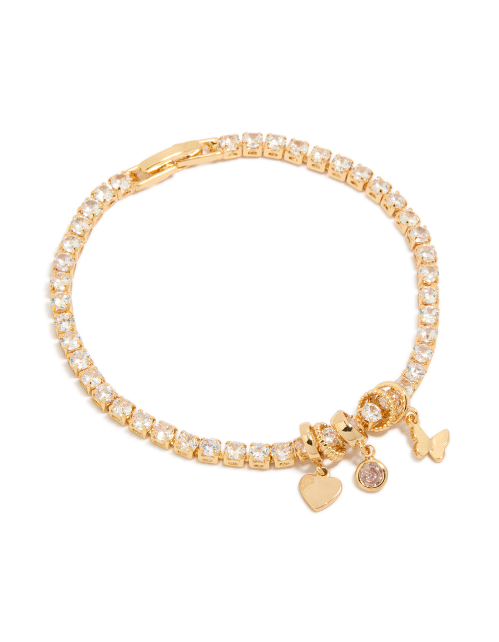 Featuring a gold plated tennis bracelet with cubic zirconia stones and mixed charms including butterfly and heart front view