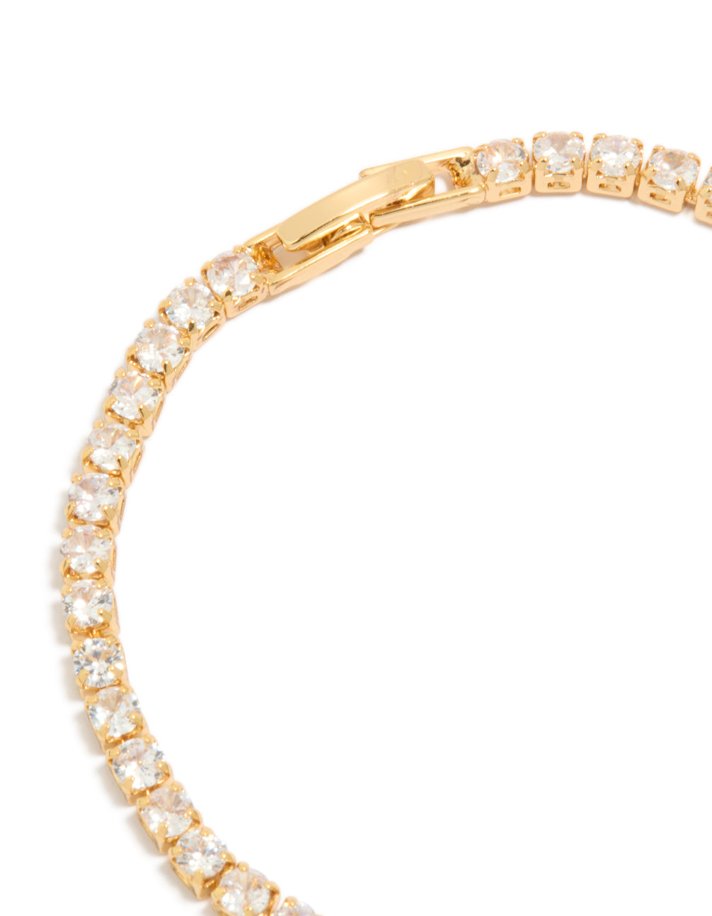 Highlighting the gold plated cubic zirconia tennis bracelet with mixed charms including butterfly and heart closure detail view