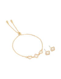 Gold Plated Cubic Zirconia Flower & Heart Outline Bracelet & Earrings Set - link has visual effect only