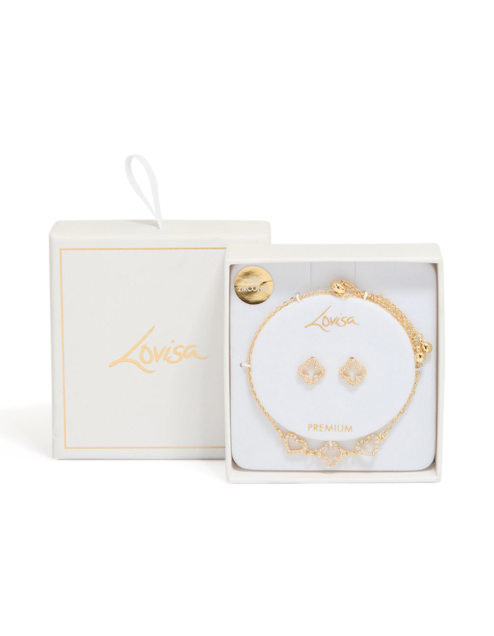 Gold Plated Cubic Zirconia Flower & Heart Outline Bracelet & Earrings Set