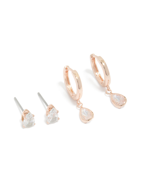 Rose Gold Plated Cubic Zirconia Teardrop Stud & Huggie Earrings 2-Pack featuring charm design in gold front view