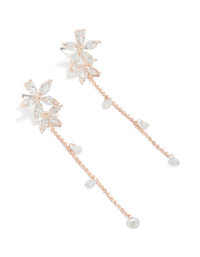 Presenting rose gold plated cubic zirconia flower station drop earrings featuring beaded charm details with floral pattern front view - link has visual effect only
