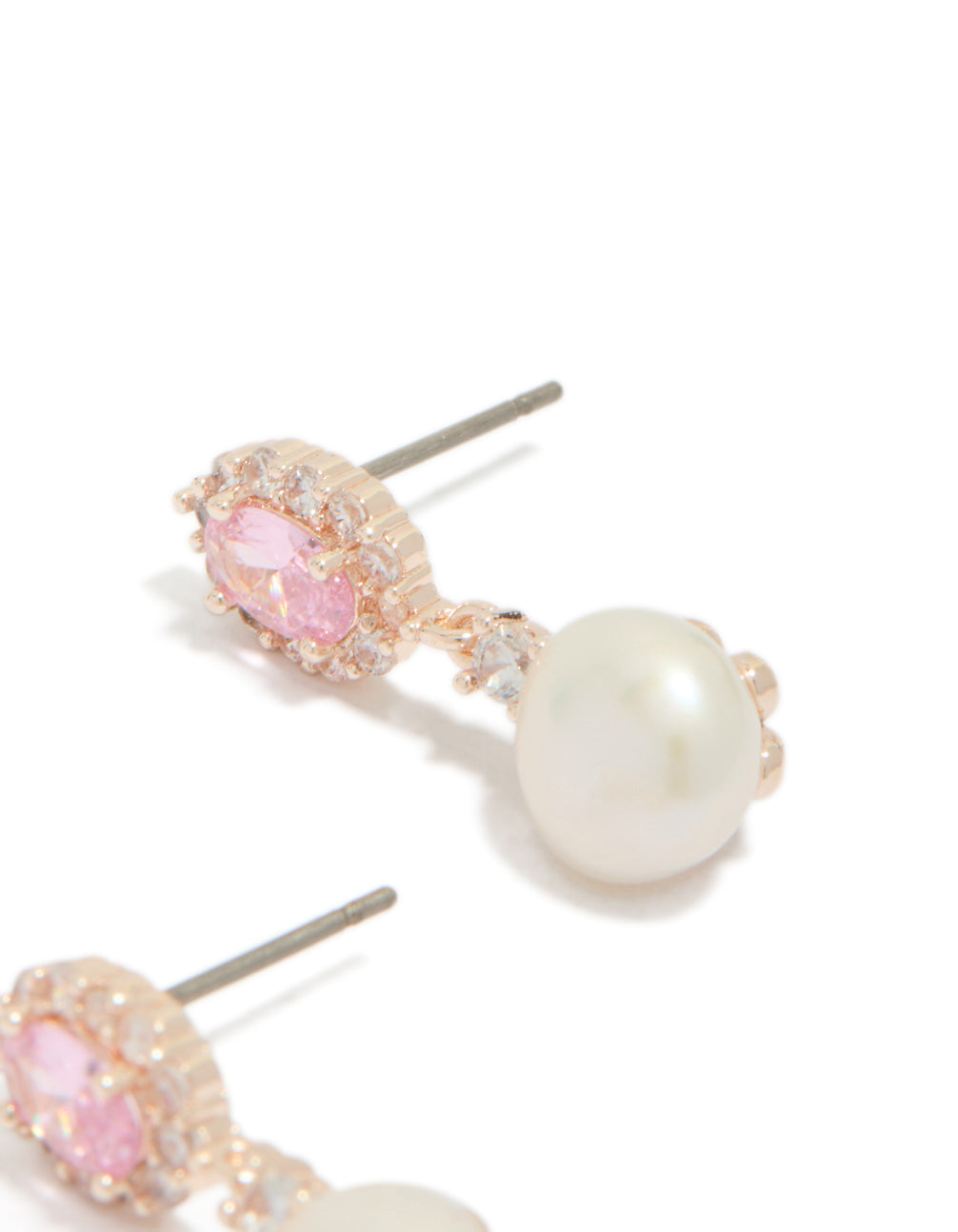 Beautiful rose gold plated cubic zirconia freshwater pearl halo drop earrings featuring statement craftsmanship post detail view
