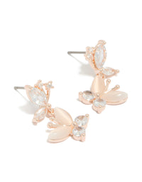 Showcasing drop earrings with double butterfly charm featuring cubic zirconia in rose gold plated finish front view - link has visual effect only