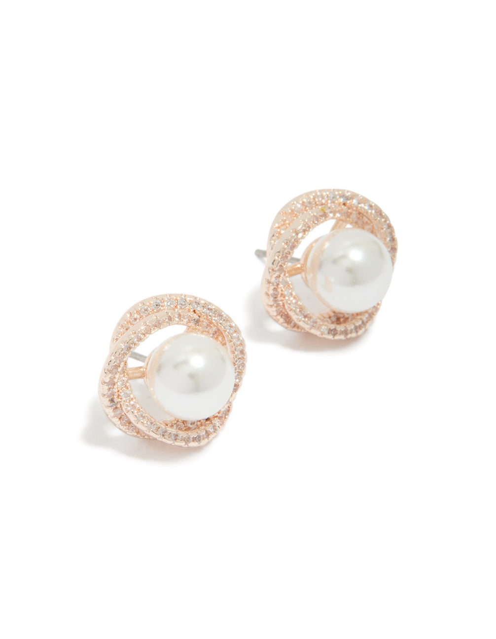 Beautifully crafted rose gold plated cubic zirconia twist pearl stud earrings front view