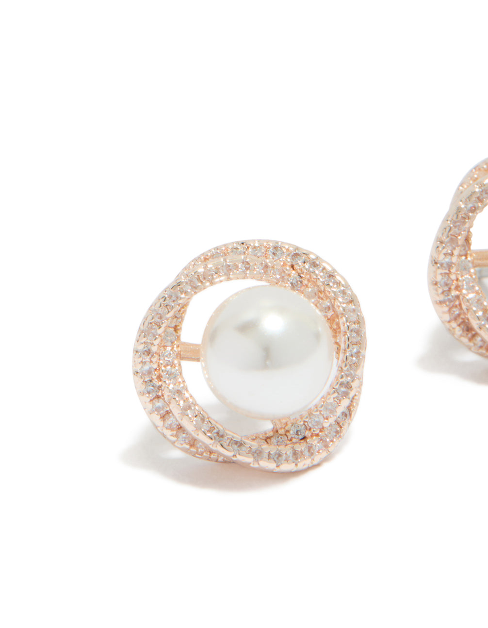 Featuring rose gold plated cubic zirconia twist pearl stud earrings close up view