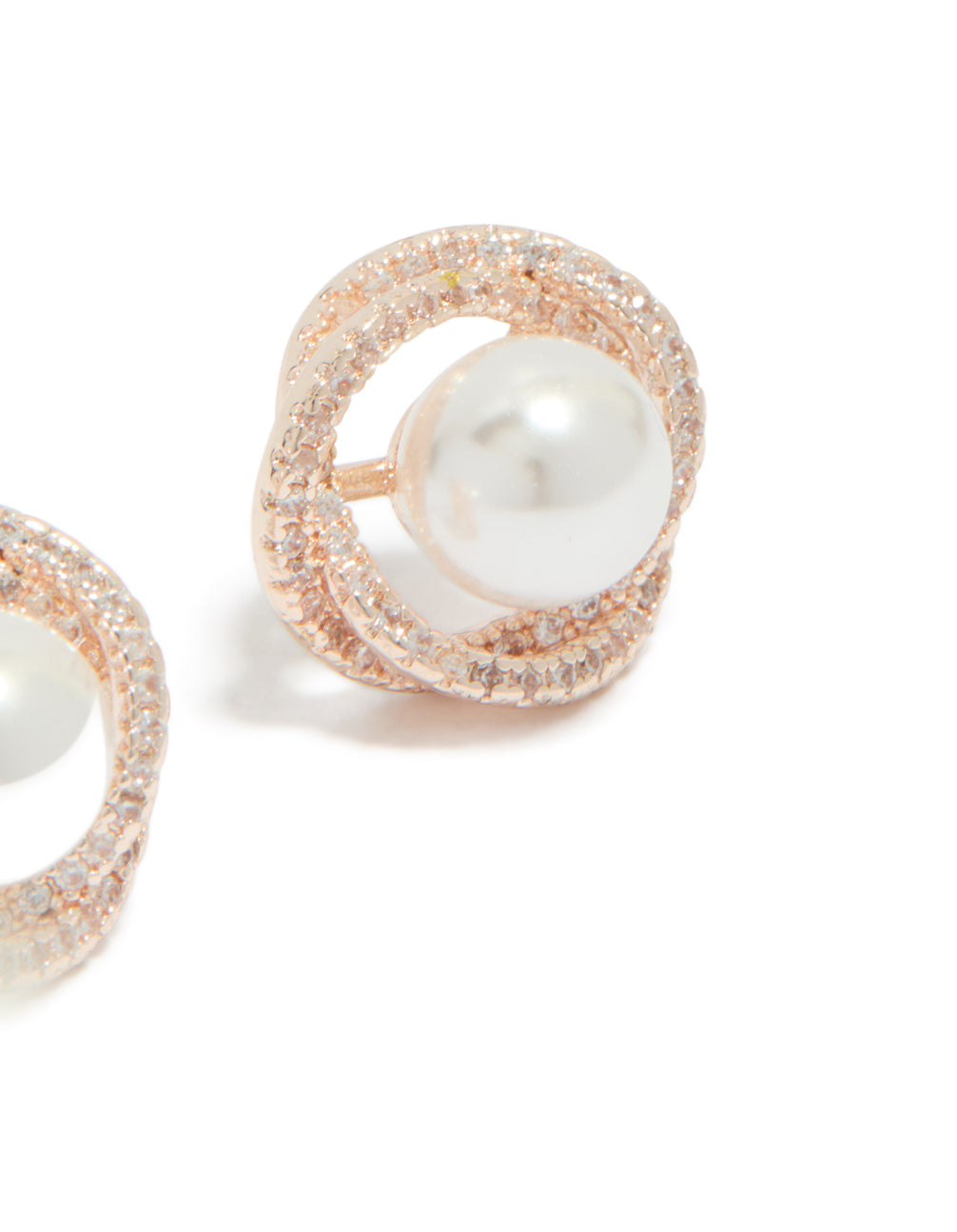Showcasing rose gold plated cubic zirconia twist pearl stud earrings with intricate detailing post detail view