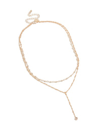 Elegant rose gold plated cubic zirconia bezel set layered chain Y-necklace with in statement styling front view - link has visual effect only