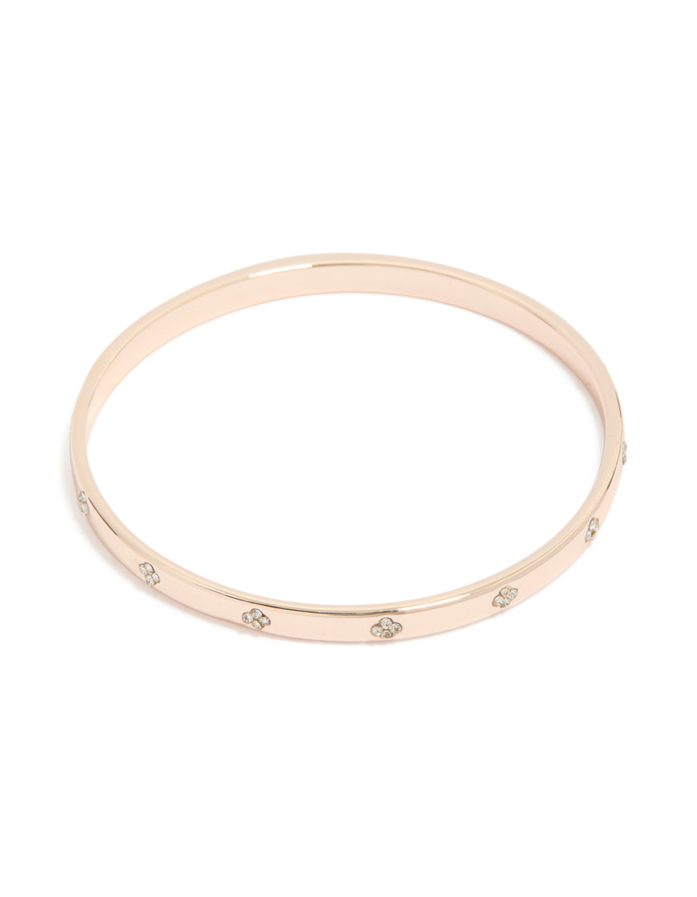 Showcasing a rose gold plated diamante flowers bangle front view