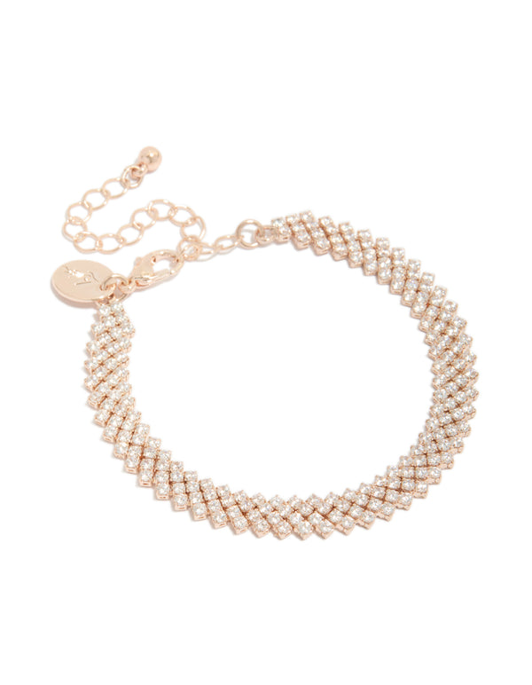 Featuring a rose gold plated cubic zirconia diagonal tennis bracelet with round stone cut front view