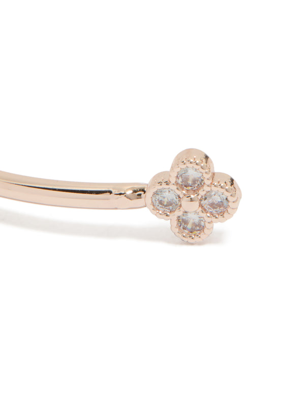 Detailed view of rose gold plated cubic zirconia flowers wrist cuff highlighting floral embellishments and sparkling stones close up view