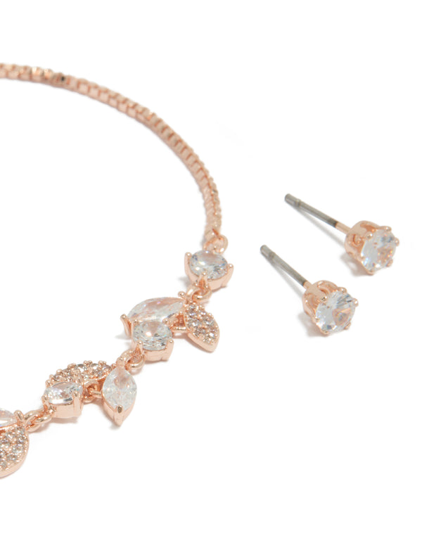Rose Gold Plated Cubic Zirconia Vine Toggle Bracelet & Earrings Set