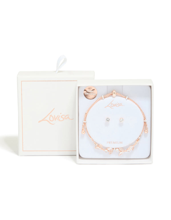 Rose Gold Plated Cubic Zirconia Vine Toggle Bracelet & Earrings Set