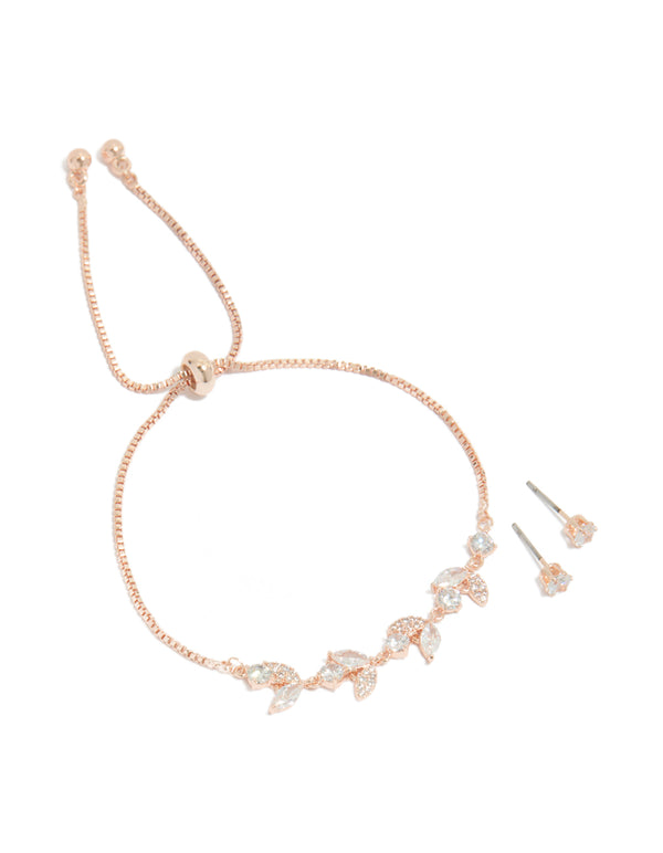 Rose Gold Plated Cubic Zirconia Vine Toggle Bracelet & Earrings Set