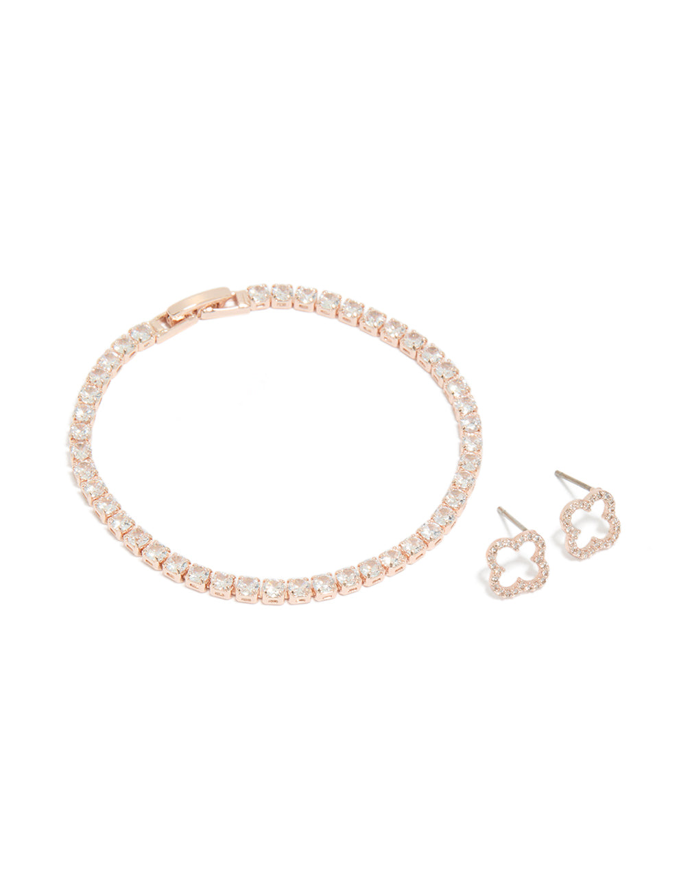 Rose Gold Plated Cubic Zirconia Open Flower Earrings & Tennis Bracelet Set