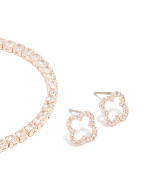 Rose Gold Plated Cubic Zirconia Open Flower Earrings & Tennis Bracelet Set