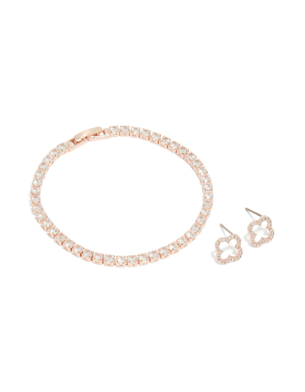 Rose Gold Plated Cubic Zirconia Open Flower Earrings & Tennis Bracelet Set