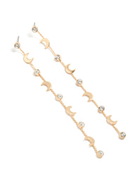 Showcasing gold clear diamante and celestial thin drop earrings with front view - link has visual effect only