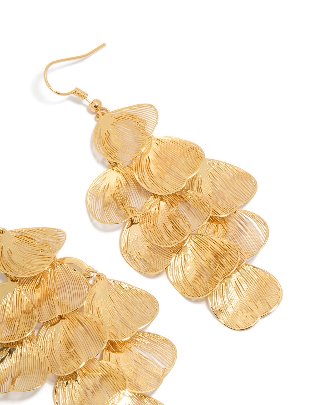 Highlighting statement drop earrings with laser cut petal layering floral leaf details in gold post detail view