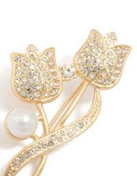 Gold Diamante Tulip Flower & Pearl Brooch - link has visual effect only